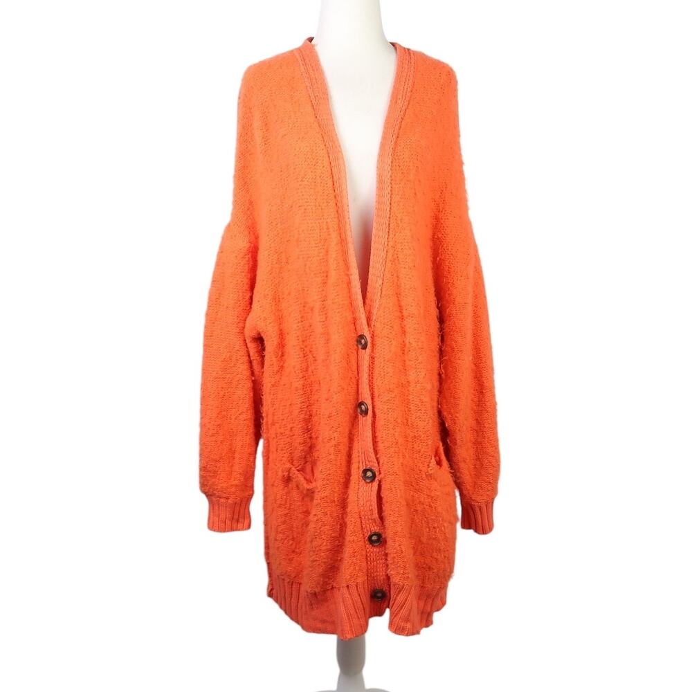 Free People Bright Orange Wool Blend Knit Slouchy Cardigan Sweater M
